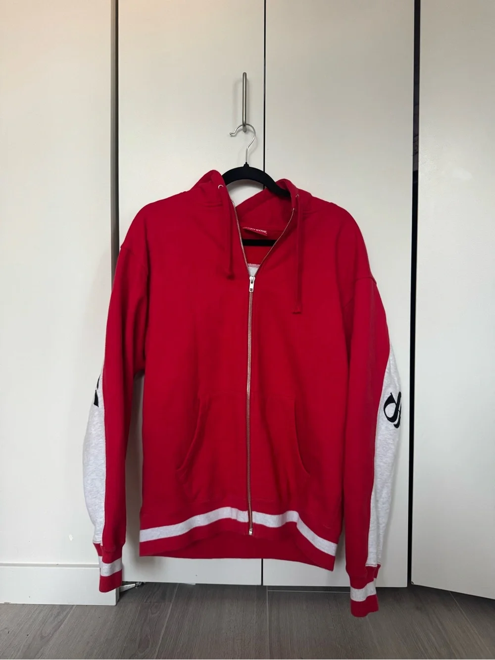 Supreme Red and White Zip-Up Hoodie with Gothic Script